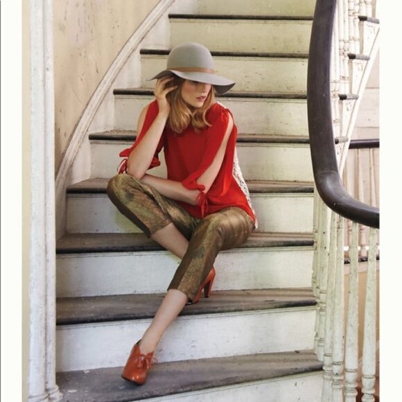 Elevenses Anthropologie Gilded Jacquard Crop Pants Gold - Picture 3 of 9